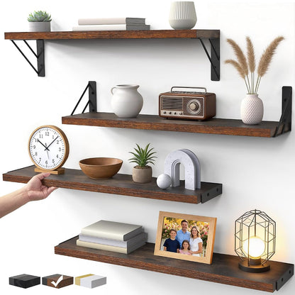 Wall Shelves for Bedroom Decor, Floating Shelves for Wall, Display Mounted Rustic Wood Shelf for Books,Plants,Corner Shelves for Bathroom,Kitchen,Living Room(Rustic Brown，23in，Set of 4)