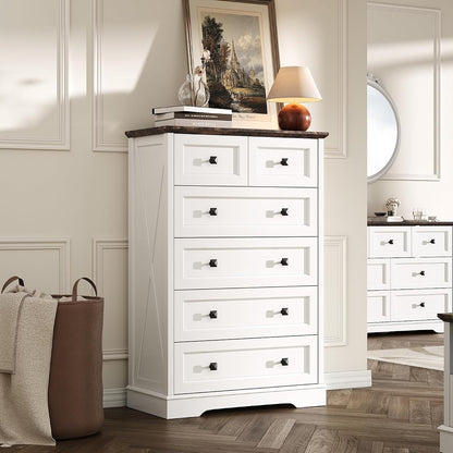 Farmhouse 6 Drawers Dresser Chests for Bedroom, White 6 Chest of Drawers