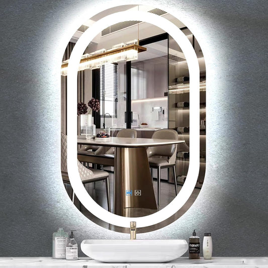Oval LED lighted bathroom mirror with front light and backlight