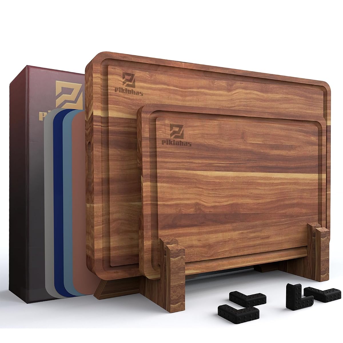 Large Acacia Wood Cutting Board Set for Kitchen with Storage Stand