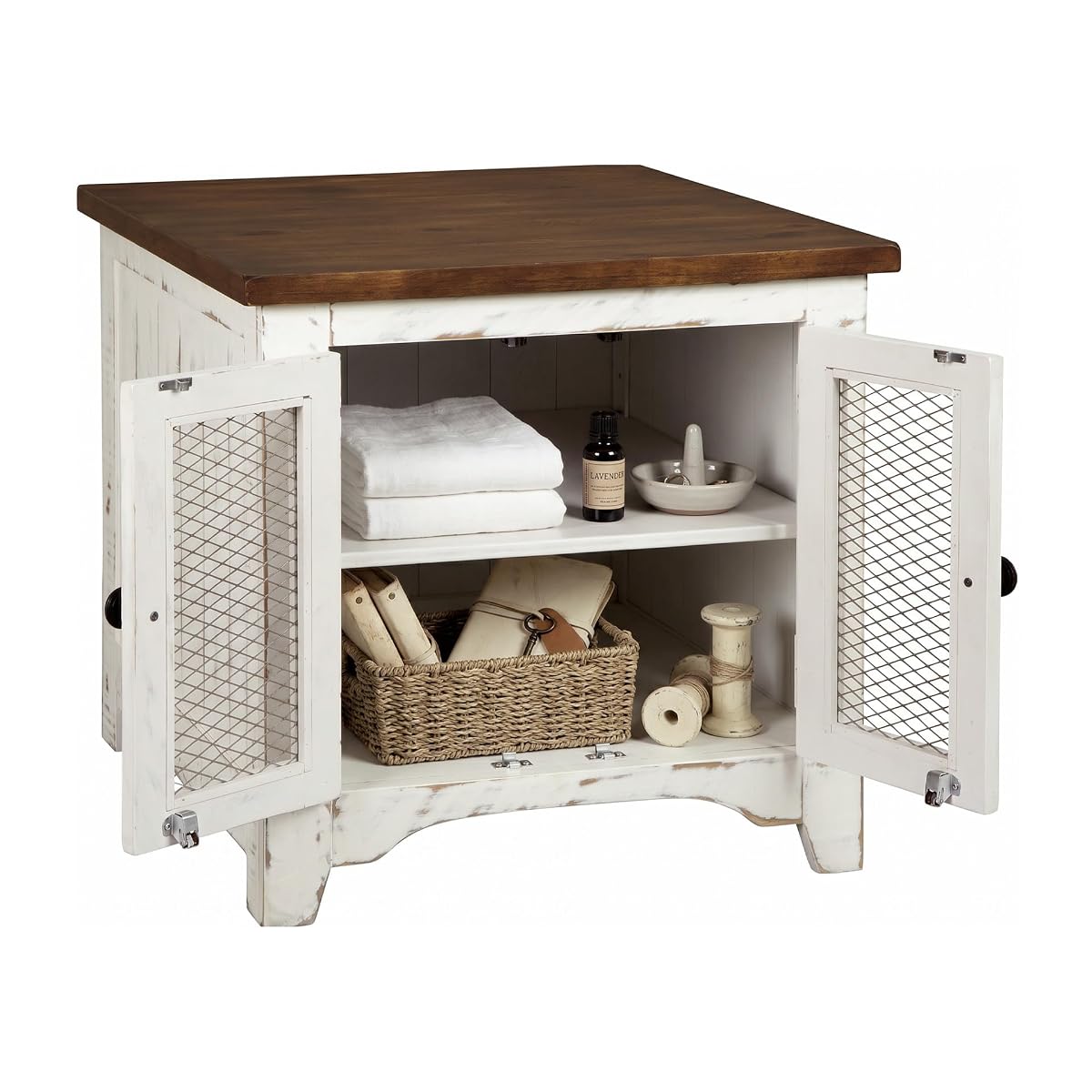 Signature Design by Ashley Wystfield Farmhouse End Table with Storage, Double Door Cabinet, Wood Construction, for Living Room, Distressed White & Brown