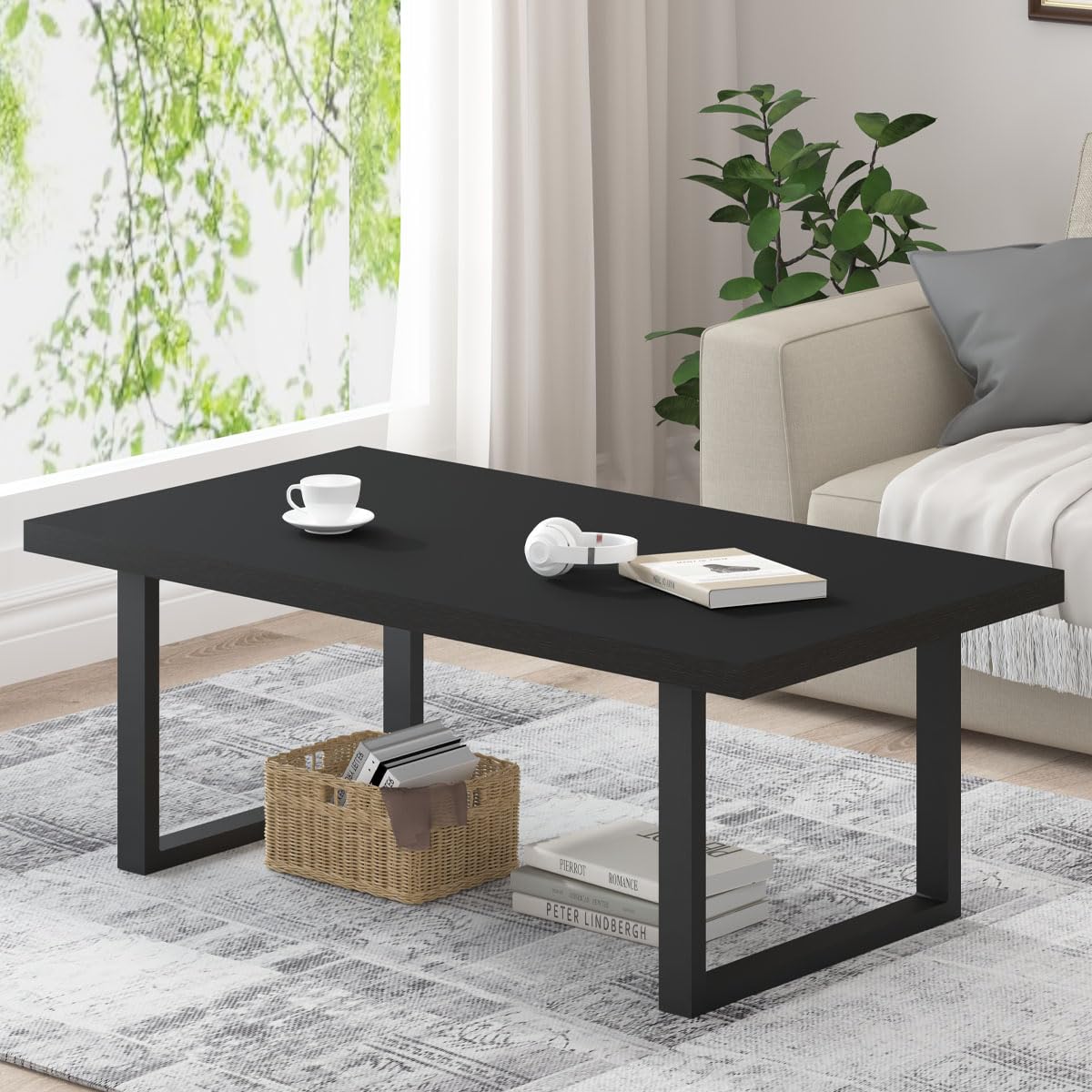 Modern Black Coffee Table, Minimalist Industrial Wooden Center Table, Simple Farmhouse Rectangle Living Room Table, Wood and Metal Cocktail Coffee Table for Home Bedroom Office, Black Oak, 47 Inch