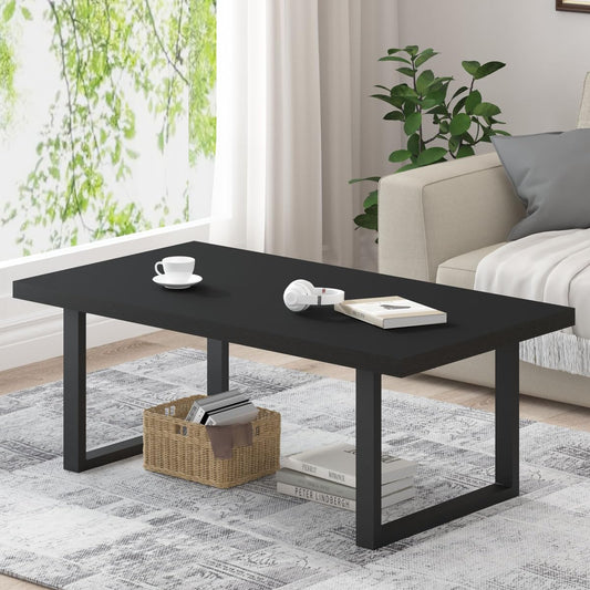 Modern Black Coffee Table, Minimalist Industrial Wooden Center Table, Simple Farmhouse Rectangle Living Room Table, Wood and Metal Cocktail Coffee Table for Home Bedroom Office, Black Oak, 47 Inch