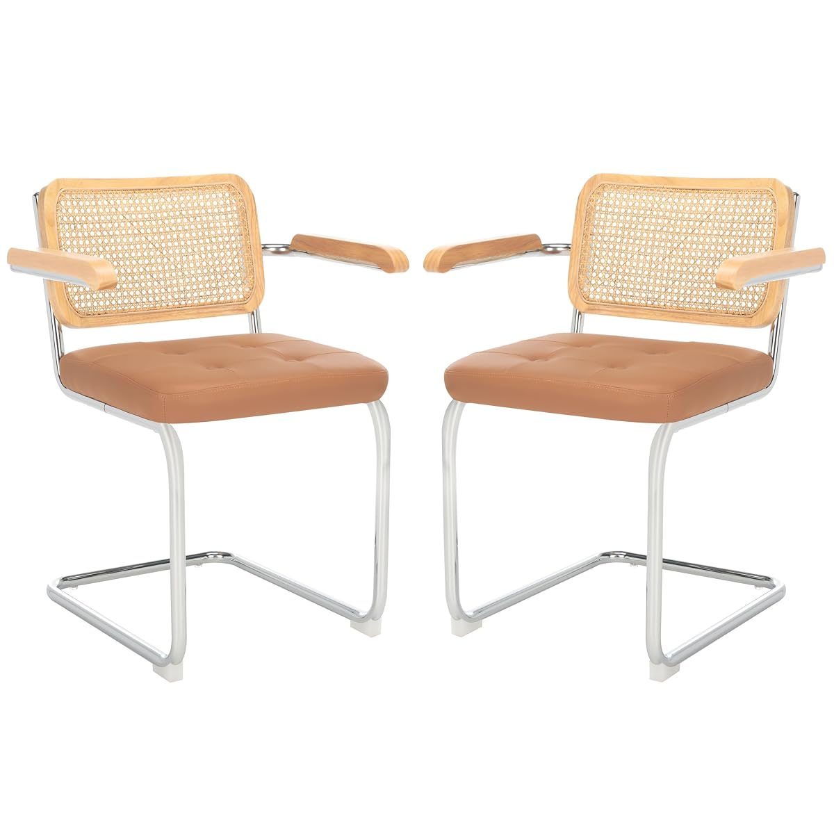 SAFAVIEH Furniture - Coralia Set of 2 Modern Coastal Dining Arm Chairs - Cognac Faux Leather, Natural Rattan & Chrome Cantilever Seating, 19.3" Seat Height (DCH1102A-SET2)