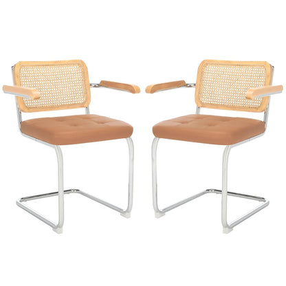 SAFAVIEH Furniture - Coralia Set of 2 Modern Coastal Dining Arm Chairs - Cognac Faux Leather, Natural Rattan & Chrome Cantilever Seating, 19.3" Seat Height (DCH1102A-SET2)