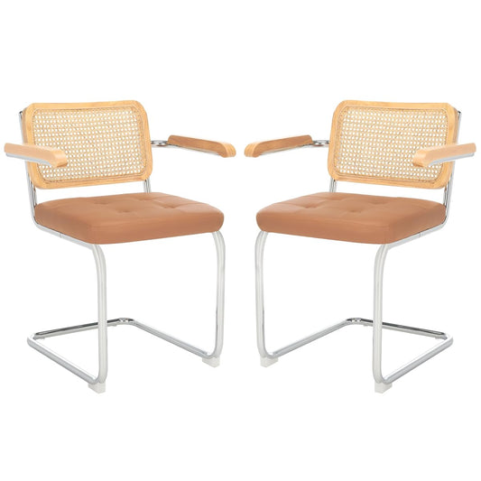 SAFAVIEH Furniture - Coralia Set of 2 Modern Coastal Dining Arm Chairs - Cognac Faux Leather, Natural Rattan & Chrome Cantilever Seating, 19.3" Seat Height (DCH1102A-SET2)