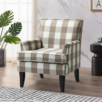Modern Accent Chair with Arms and Wooden Legs, Mid Century Accent Chair Armchair High Back Rest, Padded Armrest and Comfortable Cushioned Seat for Living Room (Buffalo Beige)