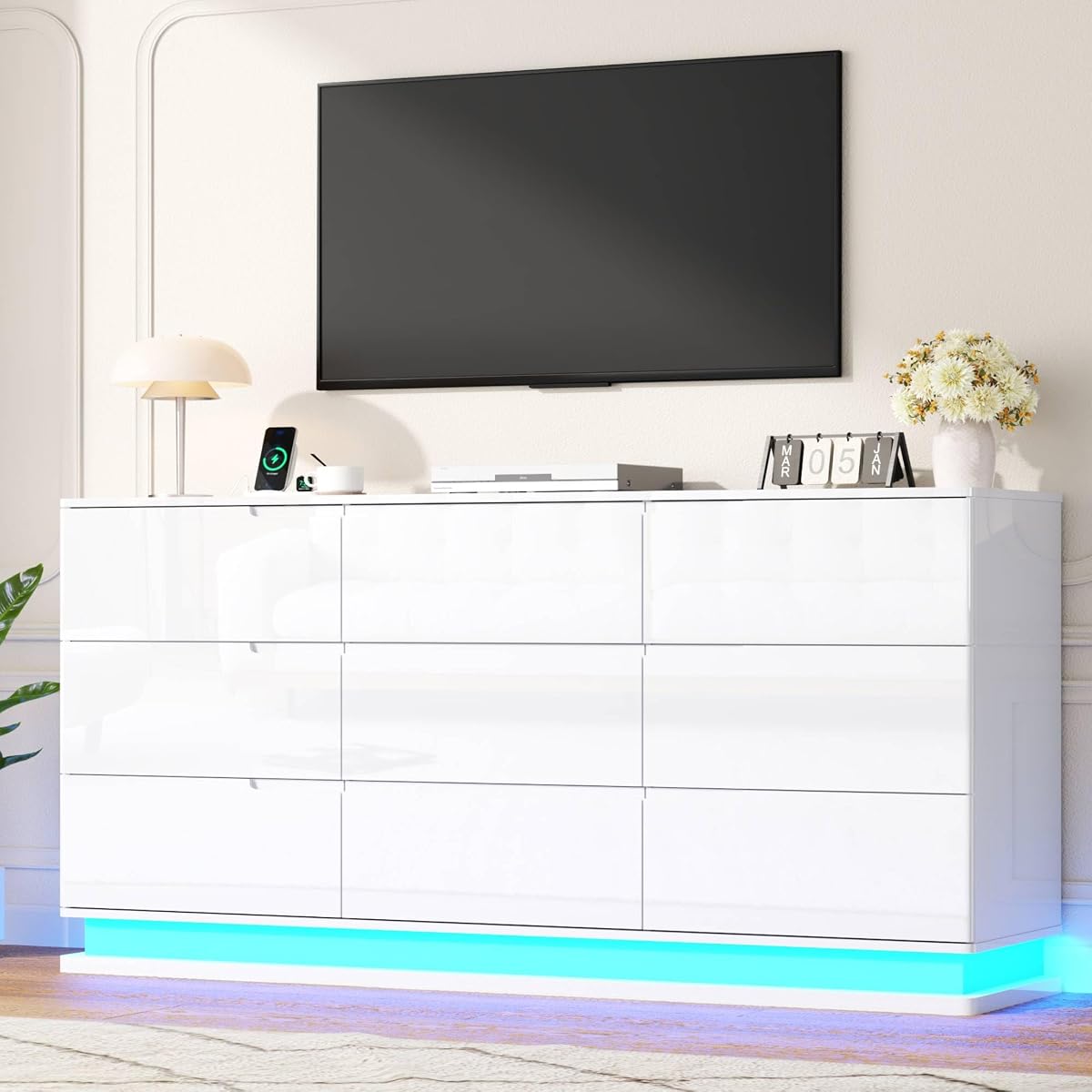 High-Gloss 9 Drawers Dresser with Charging Station & LED Lights,White