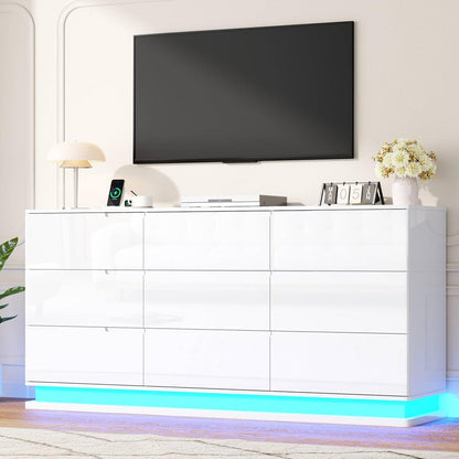 High-Gloss 9 Drawers Dresser with Charging Station & LED Lights,White