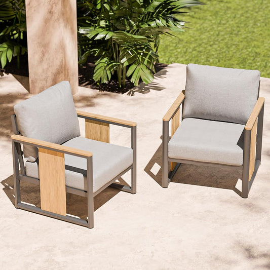 Aluminum Outdoor Patio Furniture Set – 2 Pcs Armchair with Washable Thick Cushions,All-Weather Modern Metal Furniture for Garden,Backyard,Porch,Grey