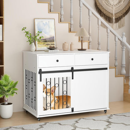 Rolling Furniture Dog Crate, 39" Wood Dog Crate End Table with Swivel Casters