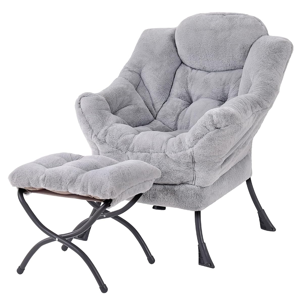 Lazy Chair with Ottoman, Modern Accent Chair with Armrests and a Side Pocket, Leisure Sofa Armchair, Reading Armchair with Footrest for Small Space, Plush Grey