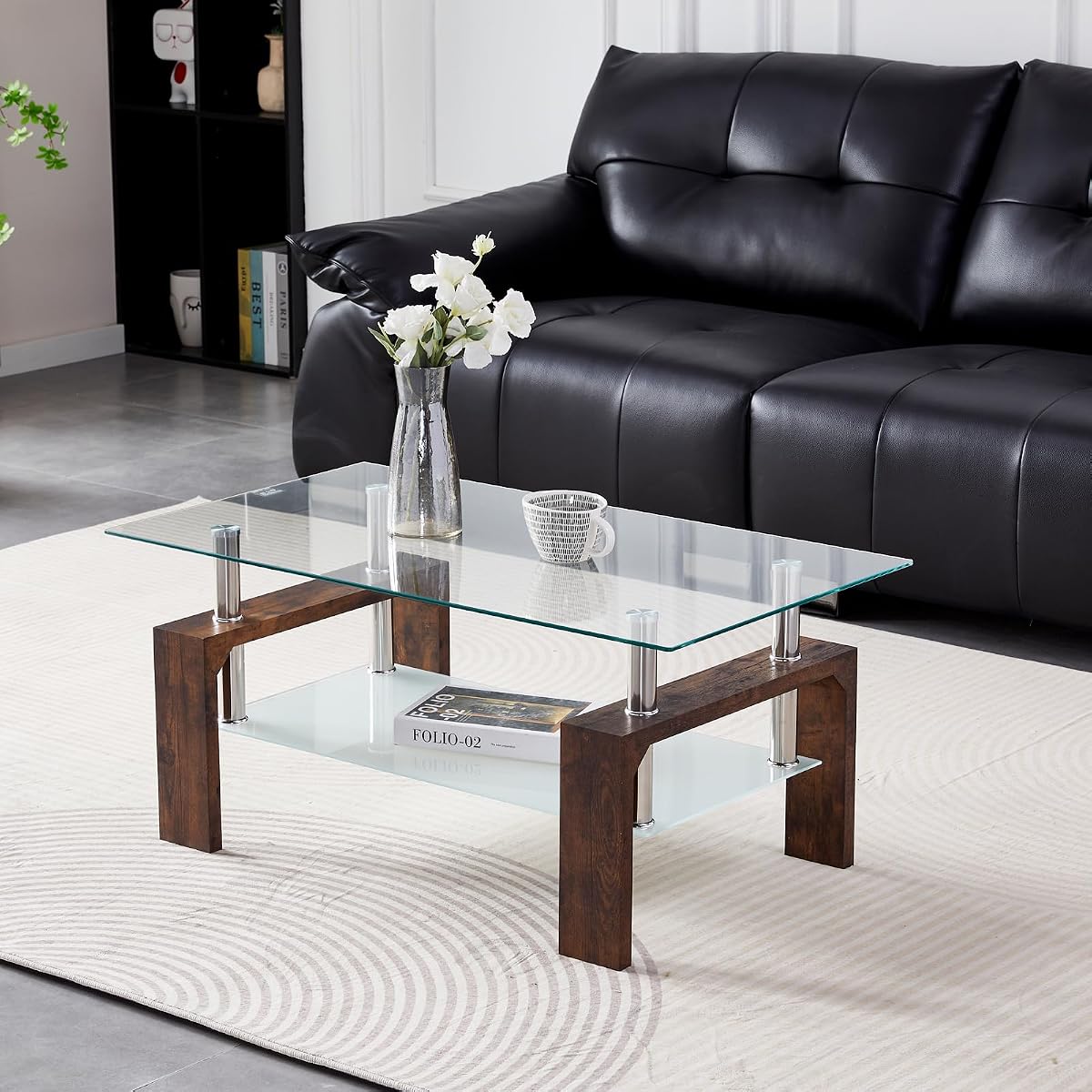 Coffee Table - Rectangle Glass Coffee Table with Simple and Classical Inspired Design, Easy Assembly for Modern Living, 39.5 * 23.5 * 17.5 inches (Brown)