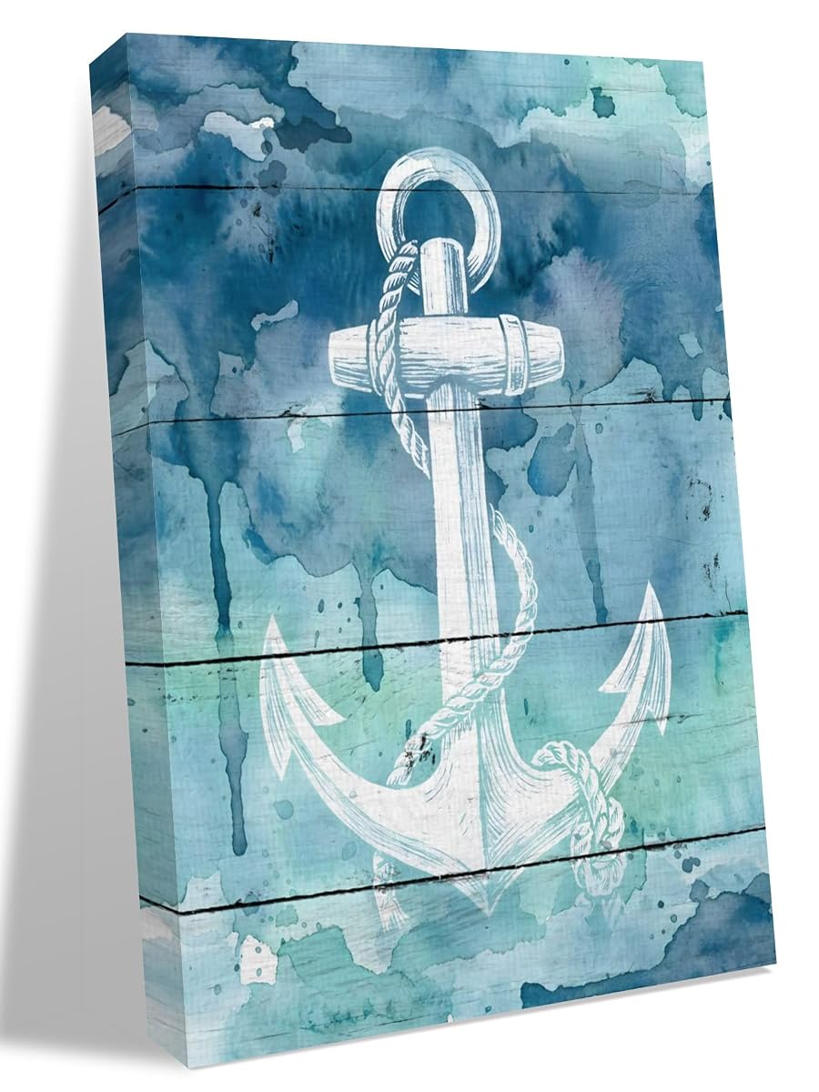NuYeBiofx Nautical White Anchor Silhouette Canvas Wall Art Prints,48"x32" Framed Picture Artwork Farm Teal Ombre Wood Grain Printed Canvas Oil Painting for Living Room Bedroom Office,Ready to Hang