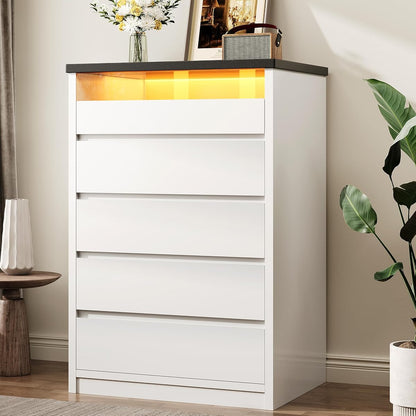 White 5 Drawer Dresser for Bedroom with LED Light & Deep Drawers