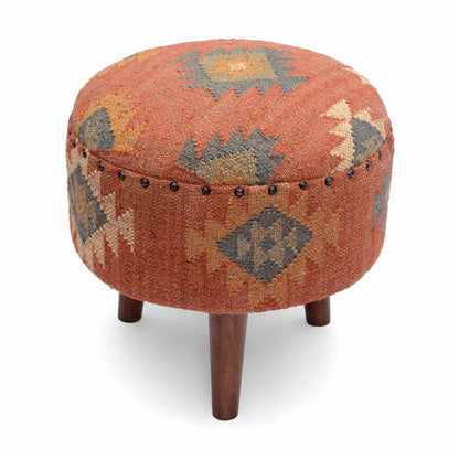 Handmade Kilim Jute Pouf Ottoman Stool | Round Upholstered Seating with Acacia Wood Legs | Decorative Foot Rest for Living Room, Bedroom, Reading Room & Lounge (Red)