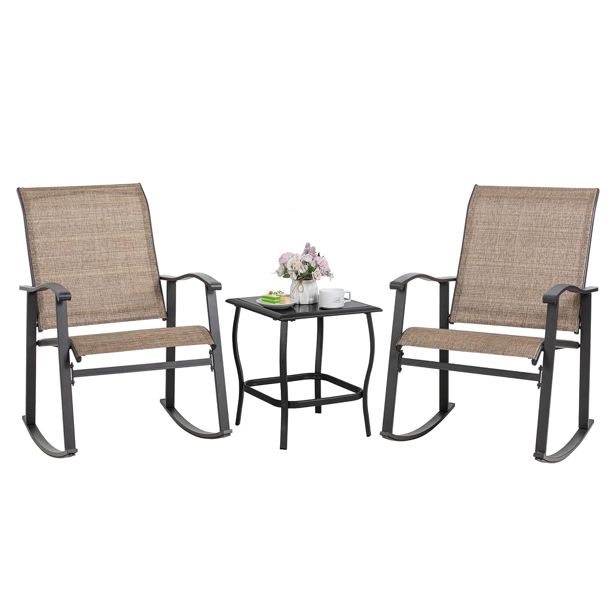 Rocking Chair Outdoor with Table, 3 Piece Rocking Patio Bistro Set, Outdoor Furniture Set with Metal Frame and Textilene Fabric for Small Space, Brown
