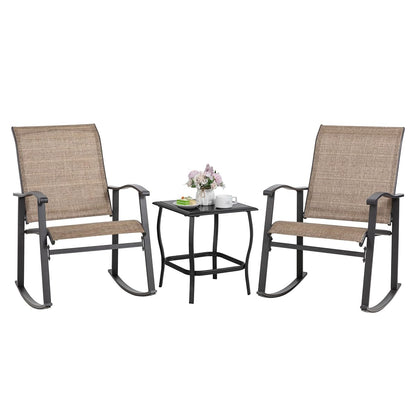 Rocking Chair Outdoor with Table, 3 Piece Rocking Patio Bistro Set, Outdoor Furniture Set with Metal Frame and Textilene Fabric for Small Space, Brown