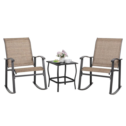 Rocking Chair Outdoor with Table, 3 Piece Rocking Patio Bistro Set, Outdoor Furniture Set with Metal Frame and Textilene Fabric for Small Space, Brown