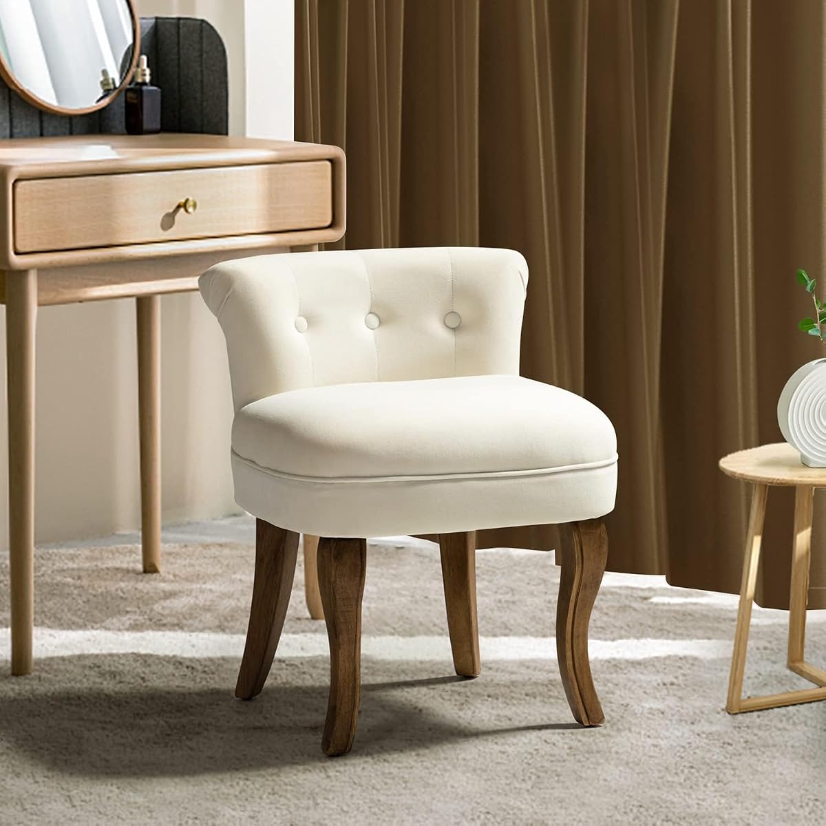 Velvet Vanity Stool with Low Back, Ivory | Small Modern Vanity Chair with Solid Wood Legs for Women Girls, Bedroom, Dressing Table