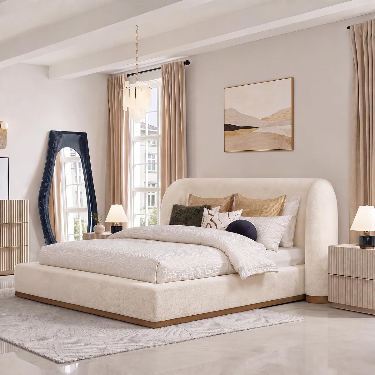 Queen Upholstered Cloud Bed Frame with Sculpted Wingback Headboard