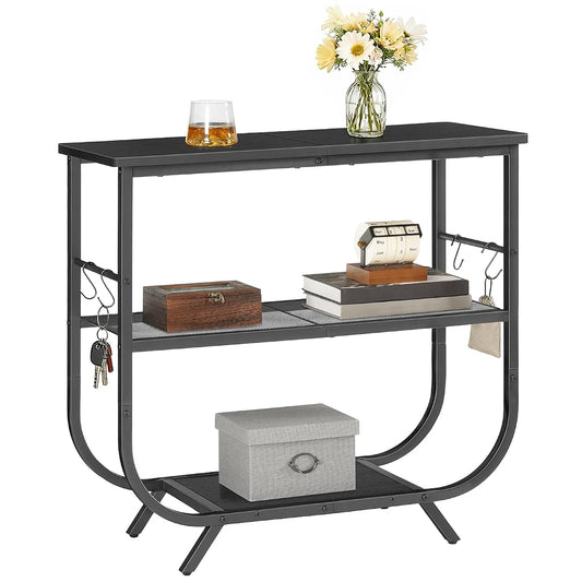 3 Tier Small Console Table, 31.5" Entryway Table with Storage Shelf, Narrow Sofa Table, Behind Couch Table, Hallway Table with S-Hooks, for Living Room, Black BB63XG01
