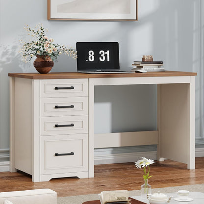 Farmhouse 49” Executive Desk with File Drawer, White Brown