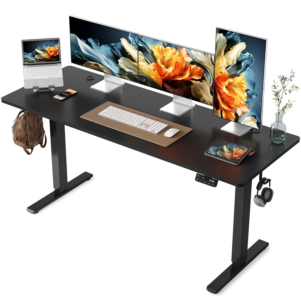 Electric Standing Desk, 63 x 24 Inches Stand Up Desk with Splice Board, Adjustable Height Desk, Computer Desk for Home Office, Black Frame/Black Top