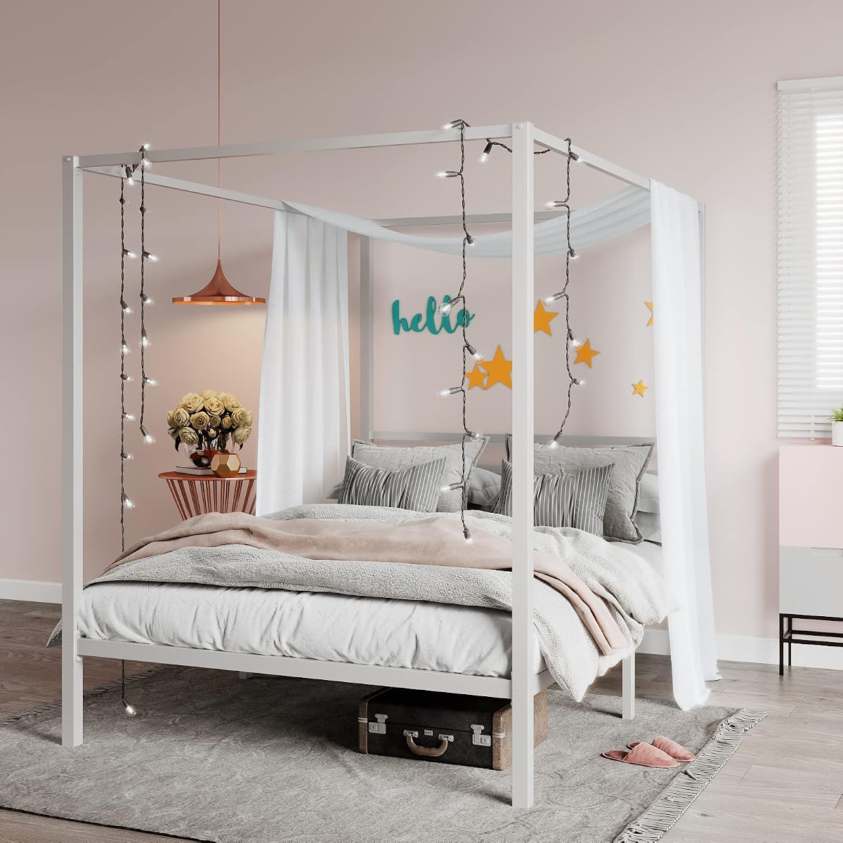 Queen Size Canopy Bed Frame with Heavy Duty Metal Slats, White