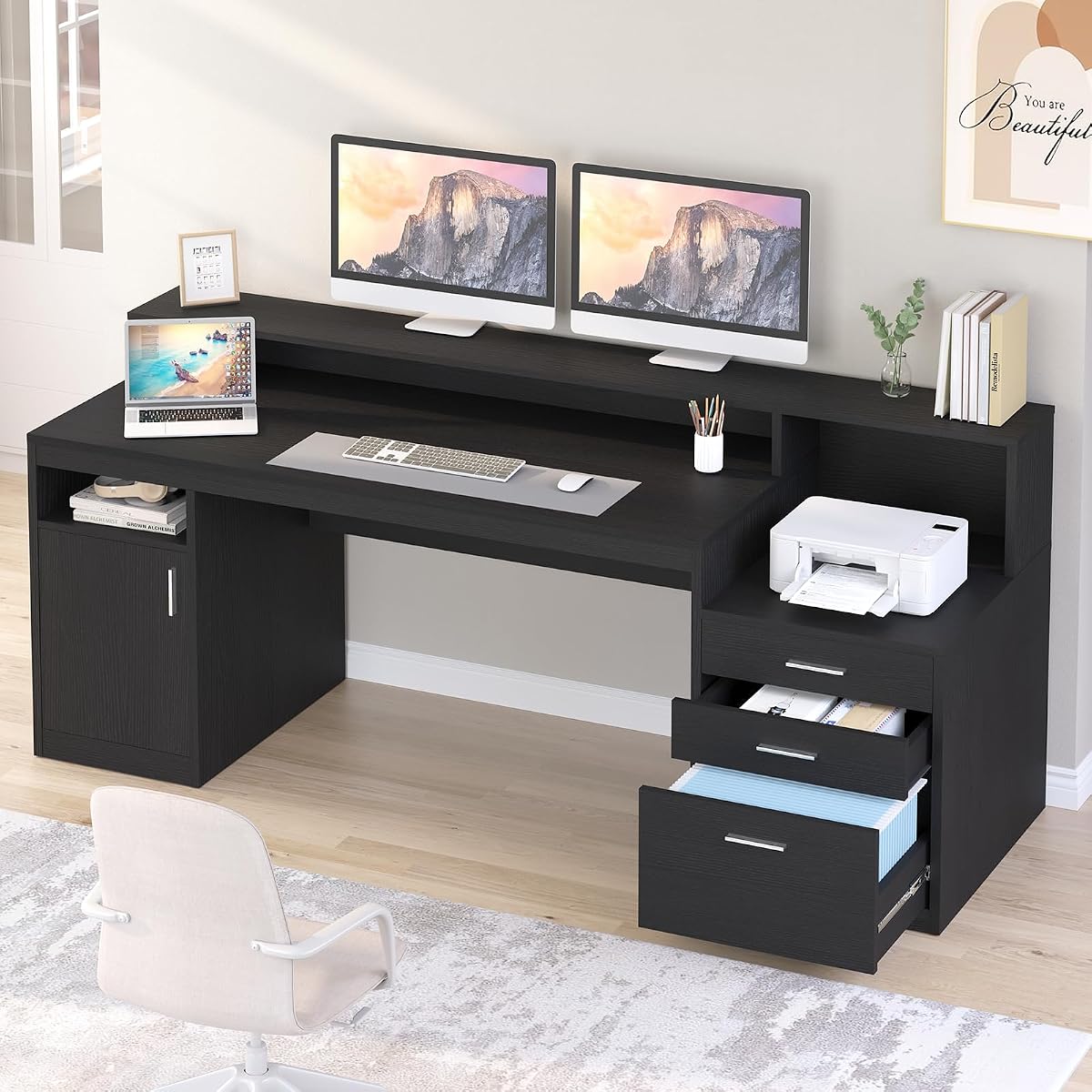 65" Black Computer Desk with 3 Drawers & Printer Shelf for Home Office