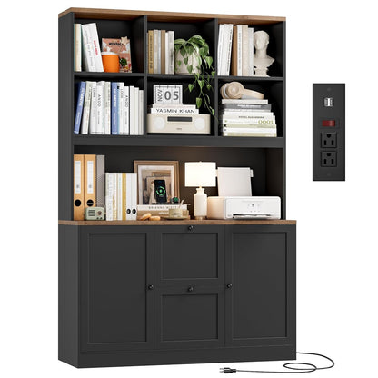 72'' Tall File Bookcase with Power Outlet & Printer Stand, 2 Drawer Filing Cabinets for Home Office Fit Hanging A4 File, Storage Cabinet w/ 3 Tier Open Book Shelf & Doors for Living Room, Black