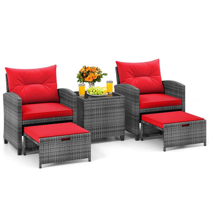 5 Pieces Patio Furniture Set with Ottomans, Wicker Patio Conversation Set with Coffee Table & Cushions, PE Rattan Outdoor Lounge Chairs for Backyard, Porch, Poolside (Mix Grey- Red)