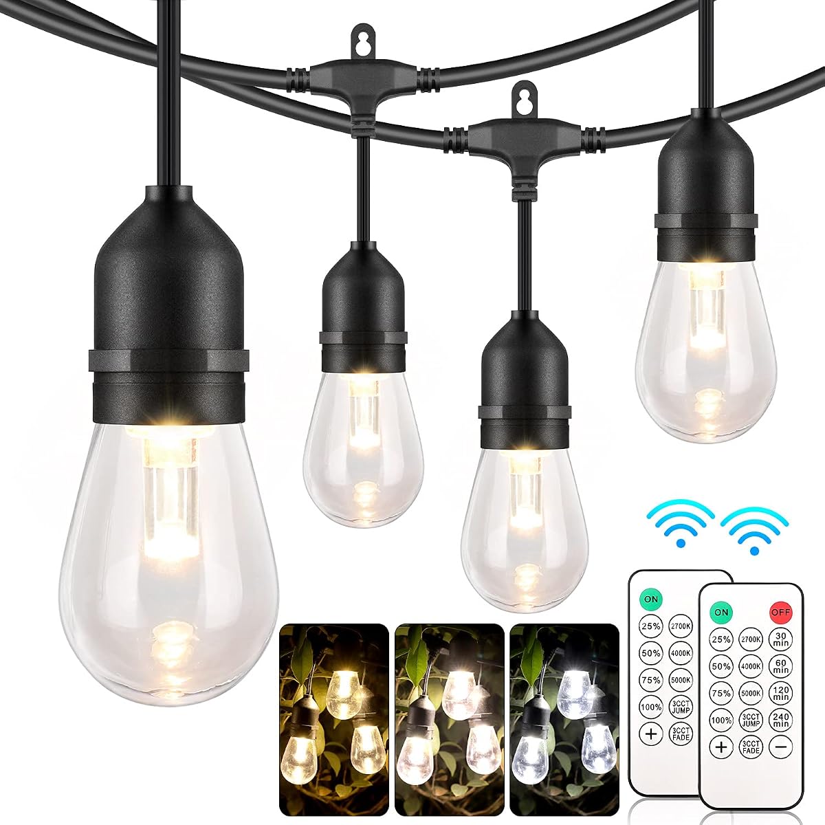 3 Color Outdoor LED Dimmable String Lights for Patio with Remote, Plug in 48FT Waterproof Shatterproof Edison Bulb Lights for Bistro Pergola