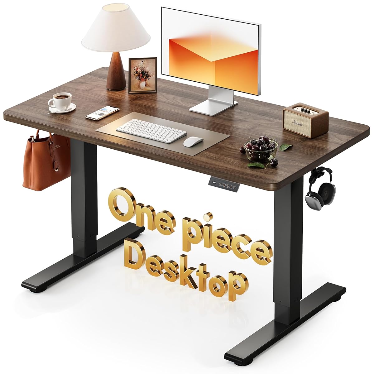 One-Piece Standing Desk, 48 x 24 Electric Height Adjustable Computer Desk, Sit Stand up Home Office Workstations with Whole-Piece Desktop, Black Walnut