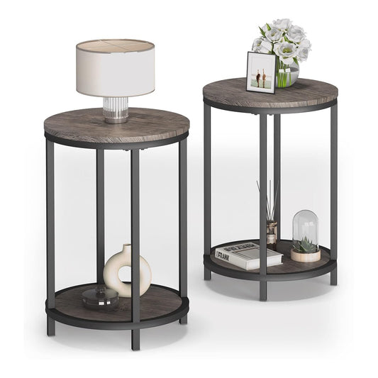 Round Side Table Set of 2,16in Rustic Wooden End Table Surface Top & Sturdy Metal Legs Nightstand for Living Room Bedroom Farmhouse Sofa Table with Storage Open Shelf,Light Walnut