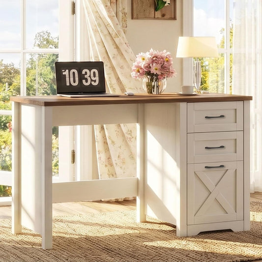 Farmhouse 47” Executive Desk with A File Drawer, Unique White