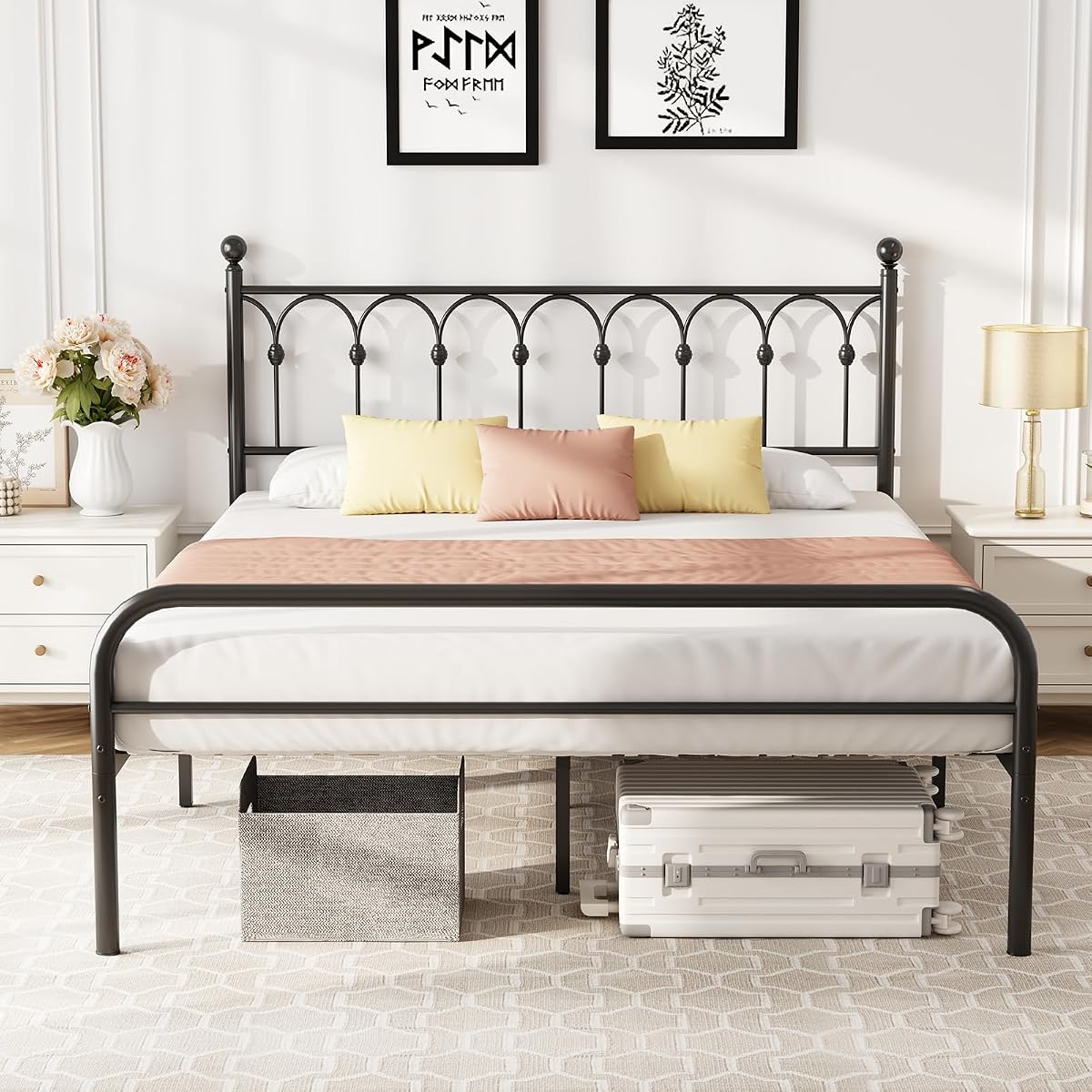 Heavy Duty Black Bed Frame with Storage and Slats