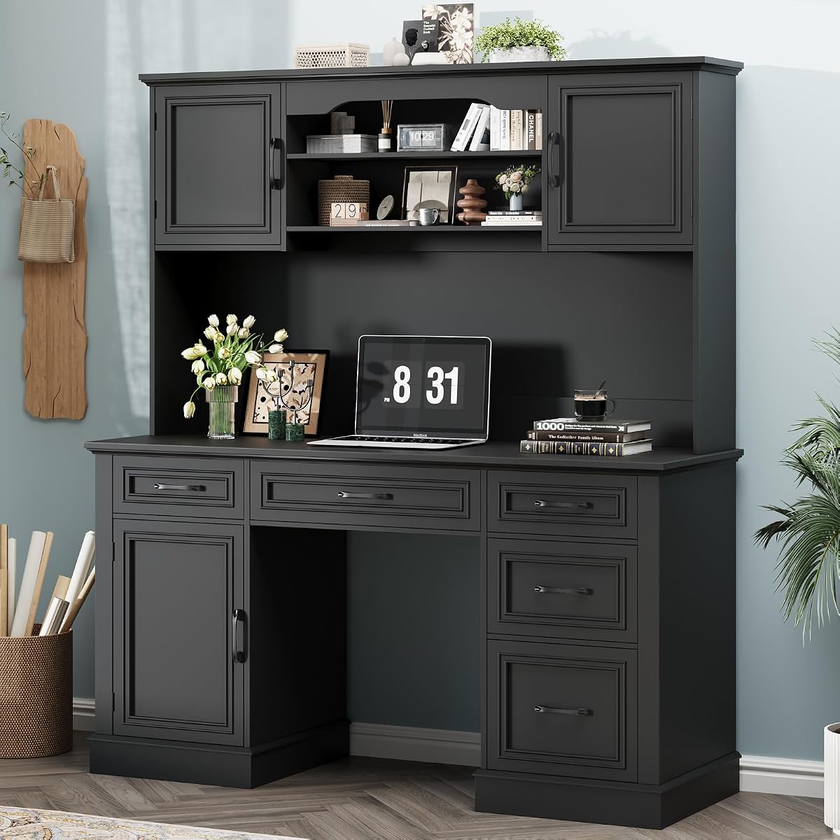Executive Desk with 5 Drawers, Pure Black