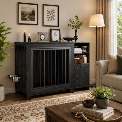 45.3" Dog Crate Furniture with Removable Tray and Rotating Bowls