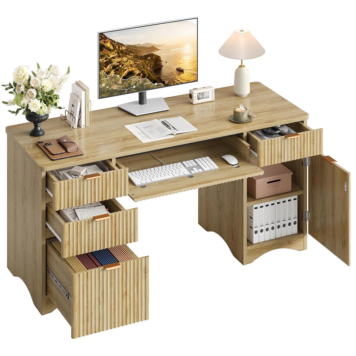 63 Inch Home Office Desk with Drawers, Fluted Executive Desk with Ample File Drawer, Keyboard Tray & Storage Cabinet for Study, Living Room, Bedroom, Natural Oak