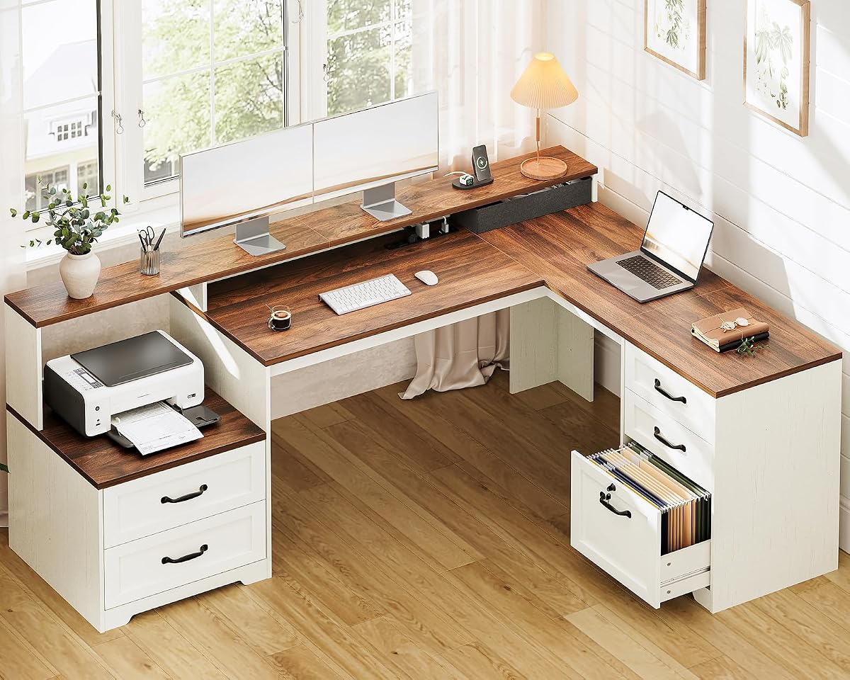 Farmhouse 68 Inch L Shaped Executive Desk with Drawers, Walnut+White