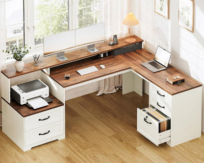 Farmhouse 68 Inch L Shaped Executive Desk with Drawers, Walnut+White
