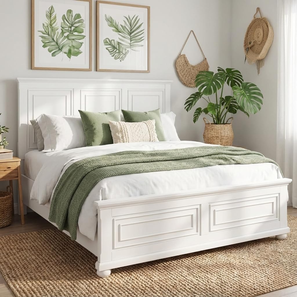 Wood Bed Frame Queen with Tall Headboard & Footboard