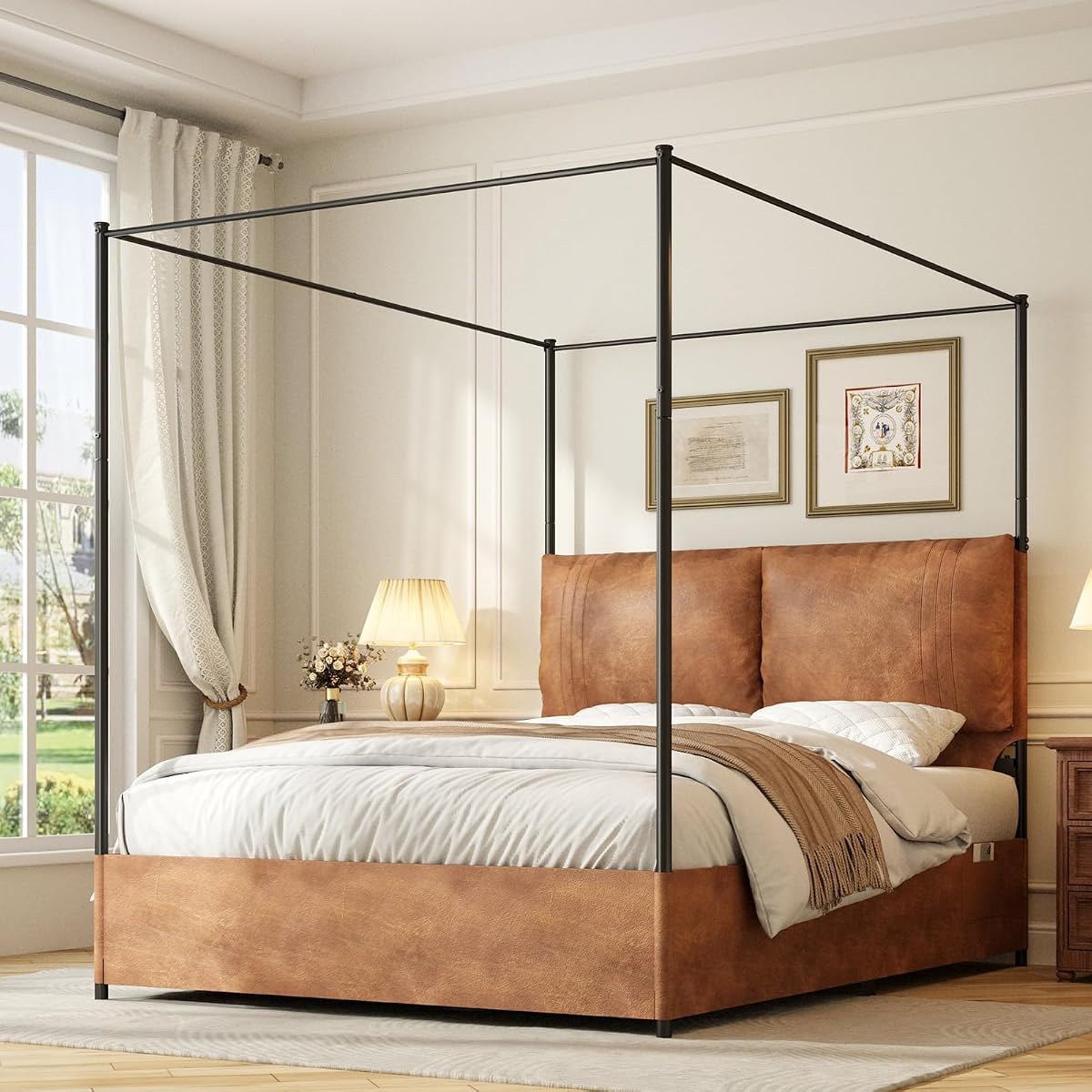 Queen Canopy Bed Frame with Tall Upholstered Faux Leather Headboard