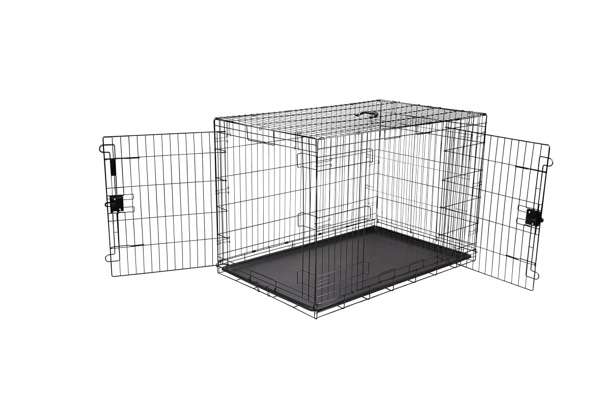 Portable Metal Wire Dog Crate for Large Dogs, Double Door with Removable Tray