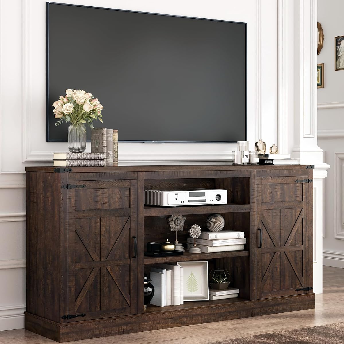 66" Farmhouse TV Stand with Power Outlets for 75 Inch TVs