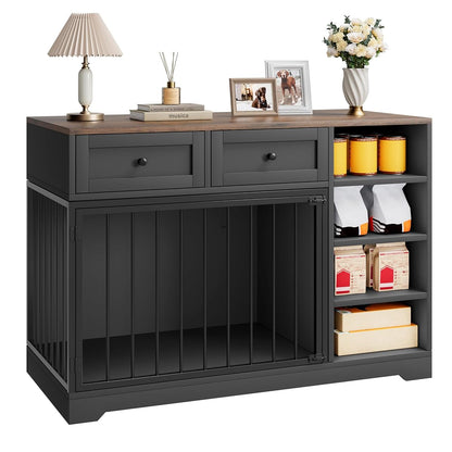 47" Dog Crate Furniture with Drawers and Open Shelves, Black