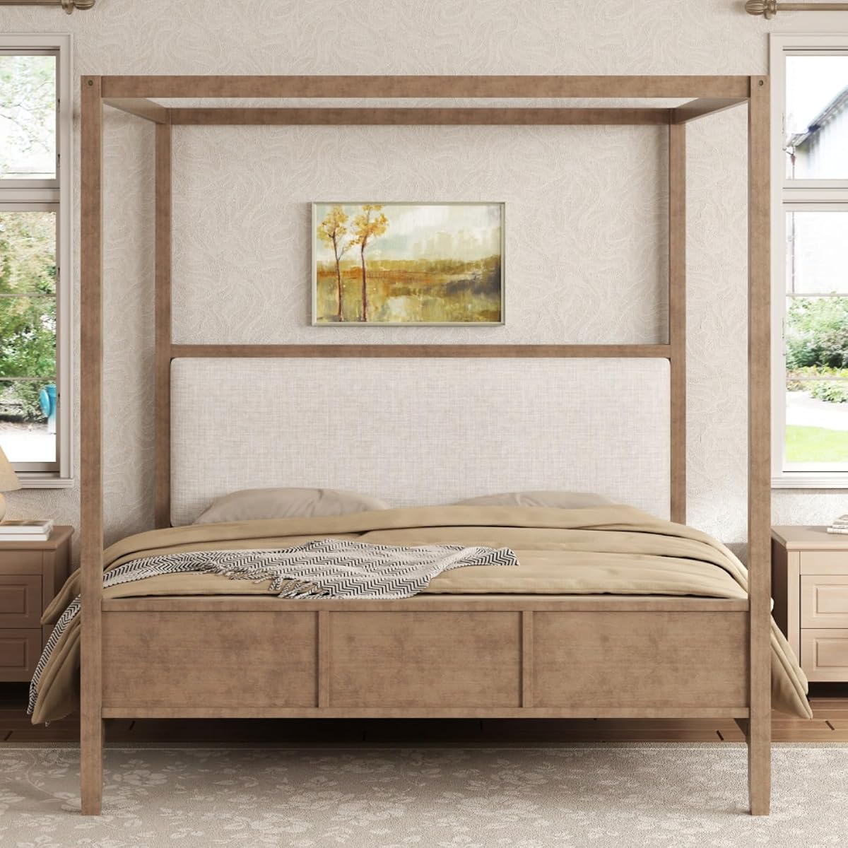 Canopy Bed King Size with Upholstered Headboard, Footboard, Natural