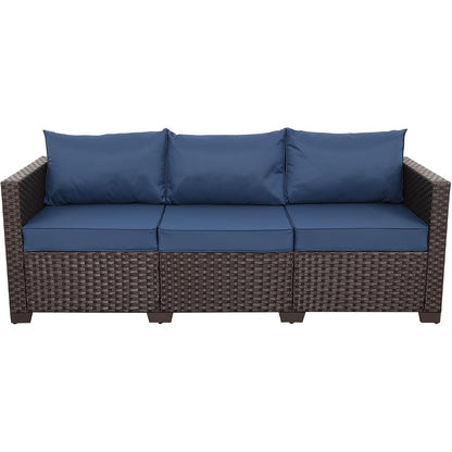 3-Seat Patio Wicker Sofa, Outdoor Rattan Couch Furniture Steel Frame with Furniture Cover and Deep Seat High Back, Blue Anti-Slip Cushion.