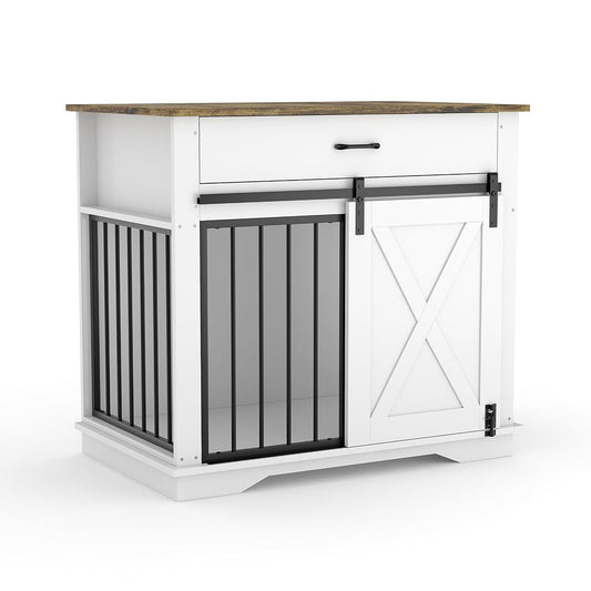 Modern Farmhouse Dog Crate Furniture – White Wooden Indoor Kennel Side Table